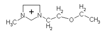 A képen az 1-ethyl-3-methylimidazolium ethyl sulfate kémiai vegyület szerkezeti képlete látható.