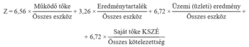 Pénzügyi mutató számítási képlete, amely tartalmazza a működő tőke, eredménytartalék, üzemi eredmény és saját tőke arányait az összes eszköz és kötelezettség viszonylatában.
