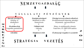 Diagram a vállalati pénzügyek különböző aspektusairól, mint operatív pénzügyek, stratégiai pénzügyek és pénzügyi tervezés.