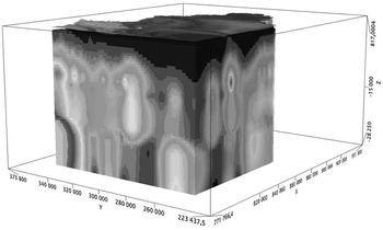 3D geológiai modell, amely szürke árnyalatokkal ábrázolja a föld alatti rétegeket, X, Y, Z tengelyekkel.