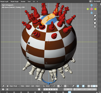 3D modellező szoftverben készült sakkgömb sakktáblával és sakkfigurákkal, gömb alakú sakktáblán.