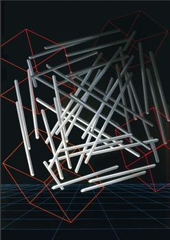 3D geometriai kompozíció fehér rudakból és piros vonalakkal határolt kockákból, fekete háttér előtt, kék rácsos alapon.