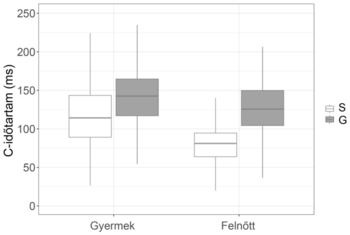 Boxplot diagram a gyermekek és felnőttek C-időtartamának összehasonlításáról, S és G csoportokban.