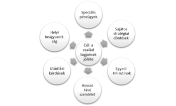 Diagram a családtagok jólétének céljáról és az ehhez kapcsolódó tényezőkről, mint pénzügyek, stratégiai döntések, HR-rutinok.