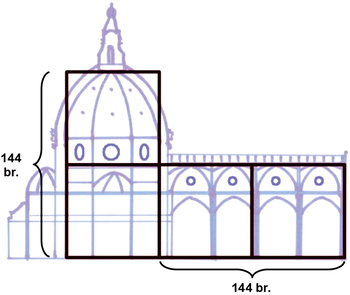 Firenzei dóm kupolájának építészeti rajza geometriai arányokkal és méretekkel.