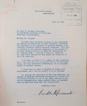 Franklin D. Roosevelt levele Dr. Karl T. Compton-nak a National Defense Research Committee létrehozásáról, 1940. június 15.