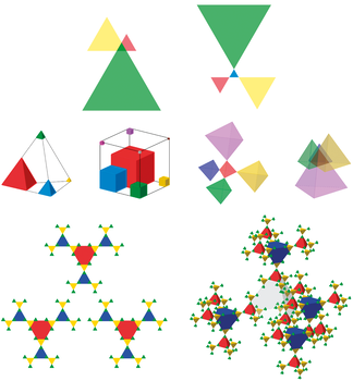 Különböző színes geometriai alakzatok, háromszögek és tetraéderek elrendezései láthatók.