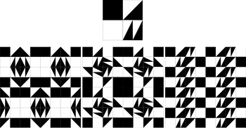 Geometriai minták fekete-fehér négyzetek és háromszögek kombinációjával, absztrakt design