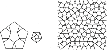 Geometriai mintázat pentagonokból és háromszögekből álló összetett formák.