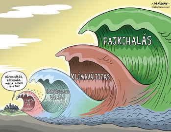 Karikatúra, amely különböző globális problémákat ábrázol hullámok formájában: COVID-19, gazdasági válság, klímaváltozás, fajkihalás.