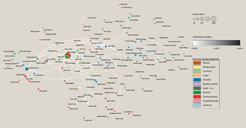 Hálózati diagram, amely személyek közötti kapcsolatokat és közösségi centralitást mutat színes pontokkal és vonalakkal.