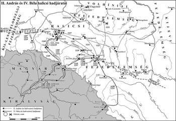 Térkép II. András és IV. Béla halicsi hadjáratairól, útvonalakkal és csaták helyszíneivel.