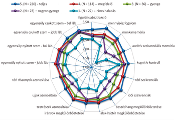 Pókdiagram, amely különböző képességek és teljesítményszintek vizuális összehasonlítását mutatja be.