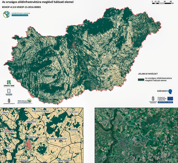 Magyarország zöldinfrastruktúra hálózatának térképe jelmagyarázattal és részletekkel.