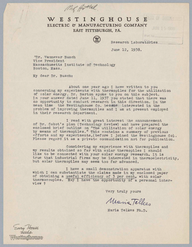 Maria Telkes levele Dr. Vannevar Busch-nak, amely a napenergia hasznosításával kapcsolatos kutatásokról és thermopile-okról szól, 1938-ból.