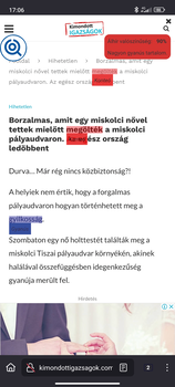 Cikk egy miskolci nő gyilkosságáról, álhír figyelmeztetéssel és gyanús tartalom jelzéssel.