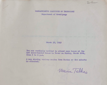 Meghívó a Massachusetts Institute of Technology-tól egy nyílt napra a napenergiával fűtött házba Doverben, 1949. március 20-án.