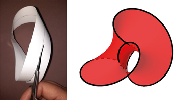 Papírból készült Möbius-szalag és piros színű 3D modellje, geometriai kísérlet.