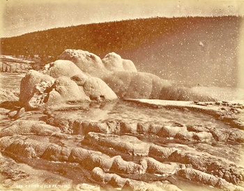 A képen az Old Faithful gejzír krátere látható a Yellowstone Nemzeti Parkban, körülötte természetes táj.
