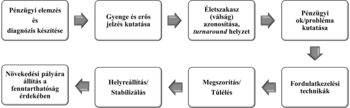 Folyamatábra a pénzügyi elemzés és válságkezelés lépéseiről, a diagnózistól a növekedési pályára állításig.