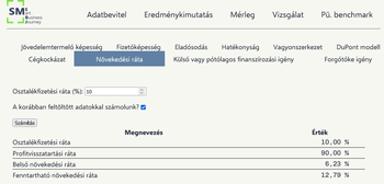 Pénzügyi szoftver felület, amely a növekedési ráta kiszámítására szolgál, különböző pénzügyi mutatókkal.