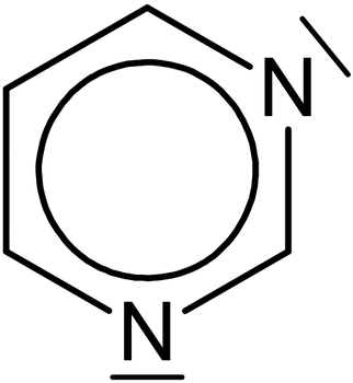 A piridin molekula szerkezeti képlete, amely egy hatszög alakú gyűrűt és két nitrogén atomot tartalmaz.