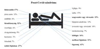 Poszt-Covid-szindróma tünetei: látásromlás, piros szem, szédülés, fáradékonyság, izomfájás, étvágytalanság, hasmenés, bőrsebek, ízületi fájdalom, fejfájás, nátha, szagvesztés, Sjögren-szindróma, ízvesztés, torokszárazság, köhögés, mellkasi fájdalom, légszomj.