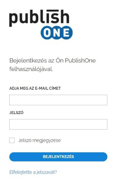 PublishOne bejelentkezési felület e-mail cím és jelszó megadásával.