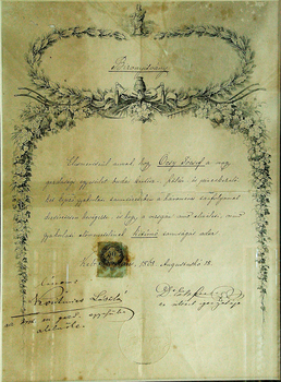 Régi magyar bizonyítvány, amelyet Ocsy József kapott 1868-ban a budai gazdasági tanintézetben.