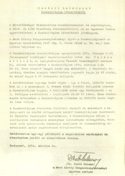 Rektori határozat a szakkollégium létesítéséről, aláírta Dr. Szabó Kálmán, Marx Károly Közgazdaságtudományi Egyetem rektora, 1970.