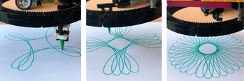 Robot rajzol különböző geometriai mintákat papírra, három fázisban.