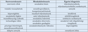 Táblázat három kategóriával: Szervezetelemzés, Munkakörelemzés, Egyéni diagnózis, különböző elemzési szempontokkal.