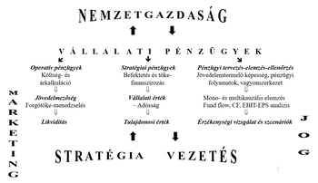 Diagram a vállalati pénzügyek különböző aspektusairól és azok kapcsolatáról a nemzetgazdasággal, marketinggel, stratégiával és joggal.
