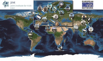 Világ térképe rádióteleszkópokkal, JIVE és European VLBI Network logókkal