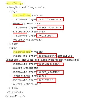 XML kód nyelvi elemekkel, mint 'almost' és 'nearly', jellemzőkkel.